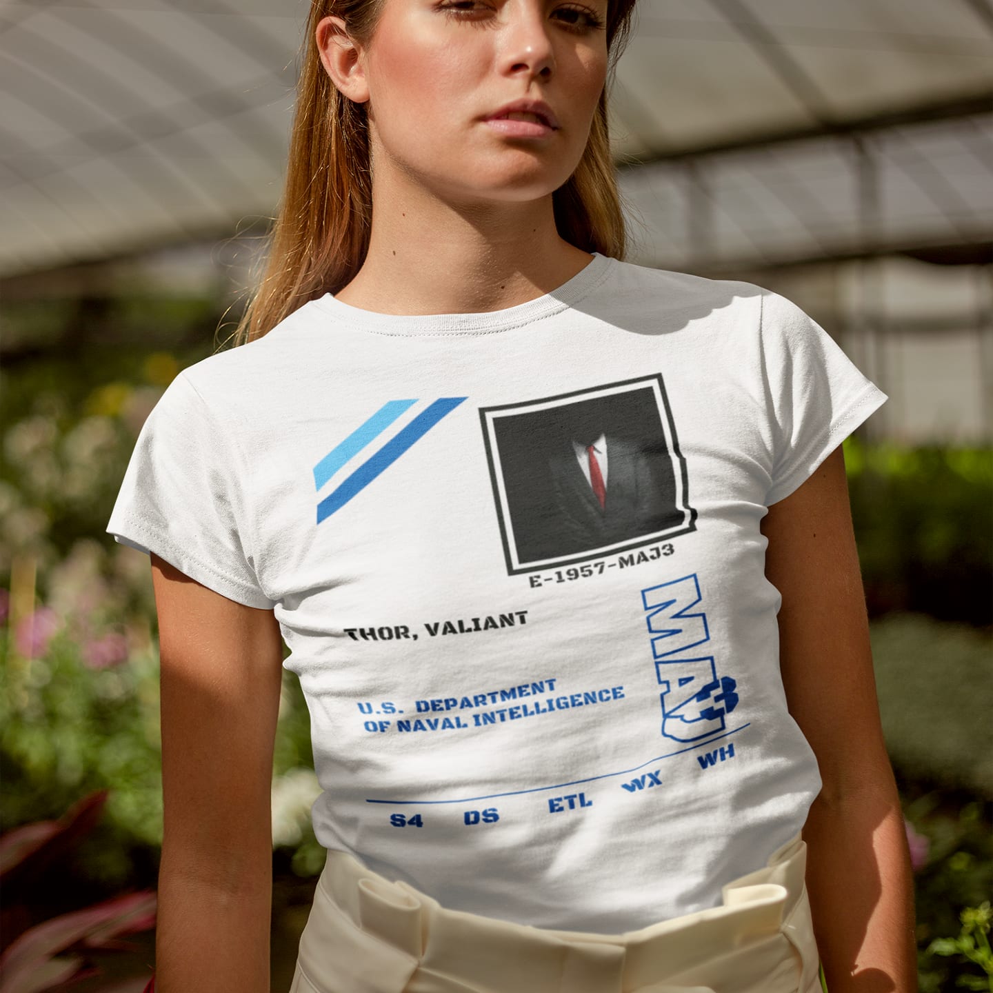 Model wearing the S4 ID Valiant Thor white T-shirt (front view)