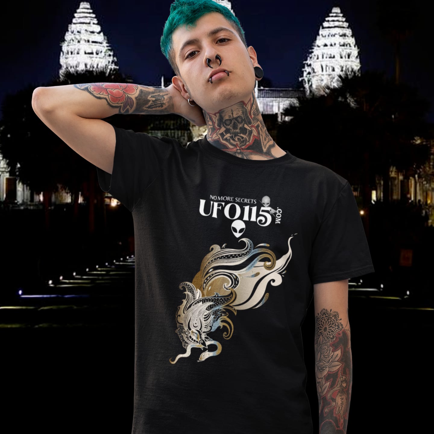 Model wearing the Garuda Bird black T-shirt (front view)