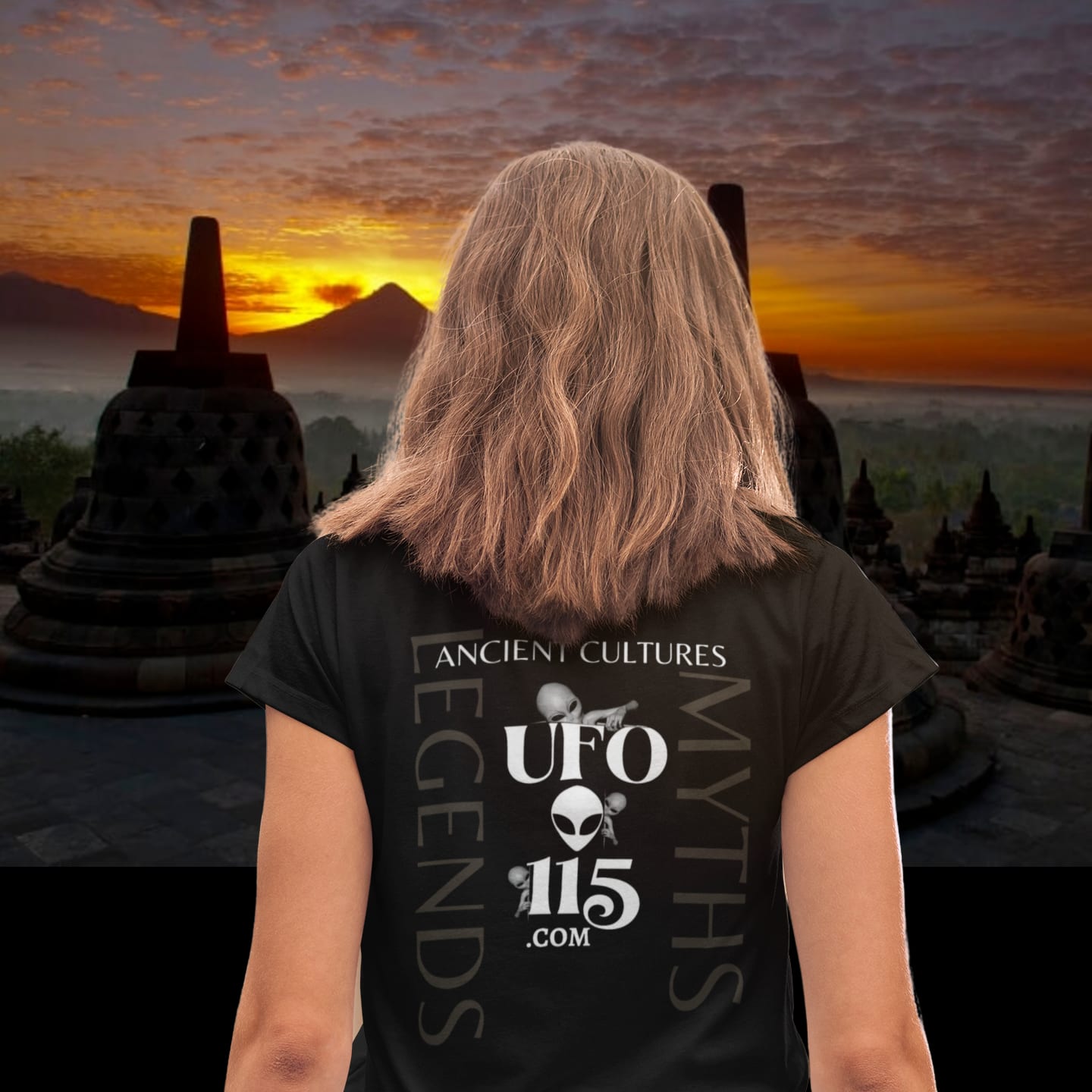 Model wearing the Garuda Bird black T-shirt (back view, UFO115 back print)