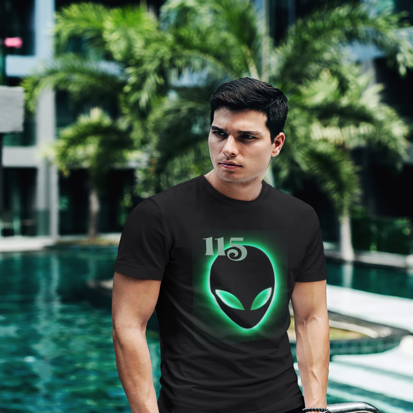 Model wearing the Element 115 Glowing Alien Grey black T-shirt (front view)