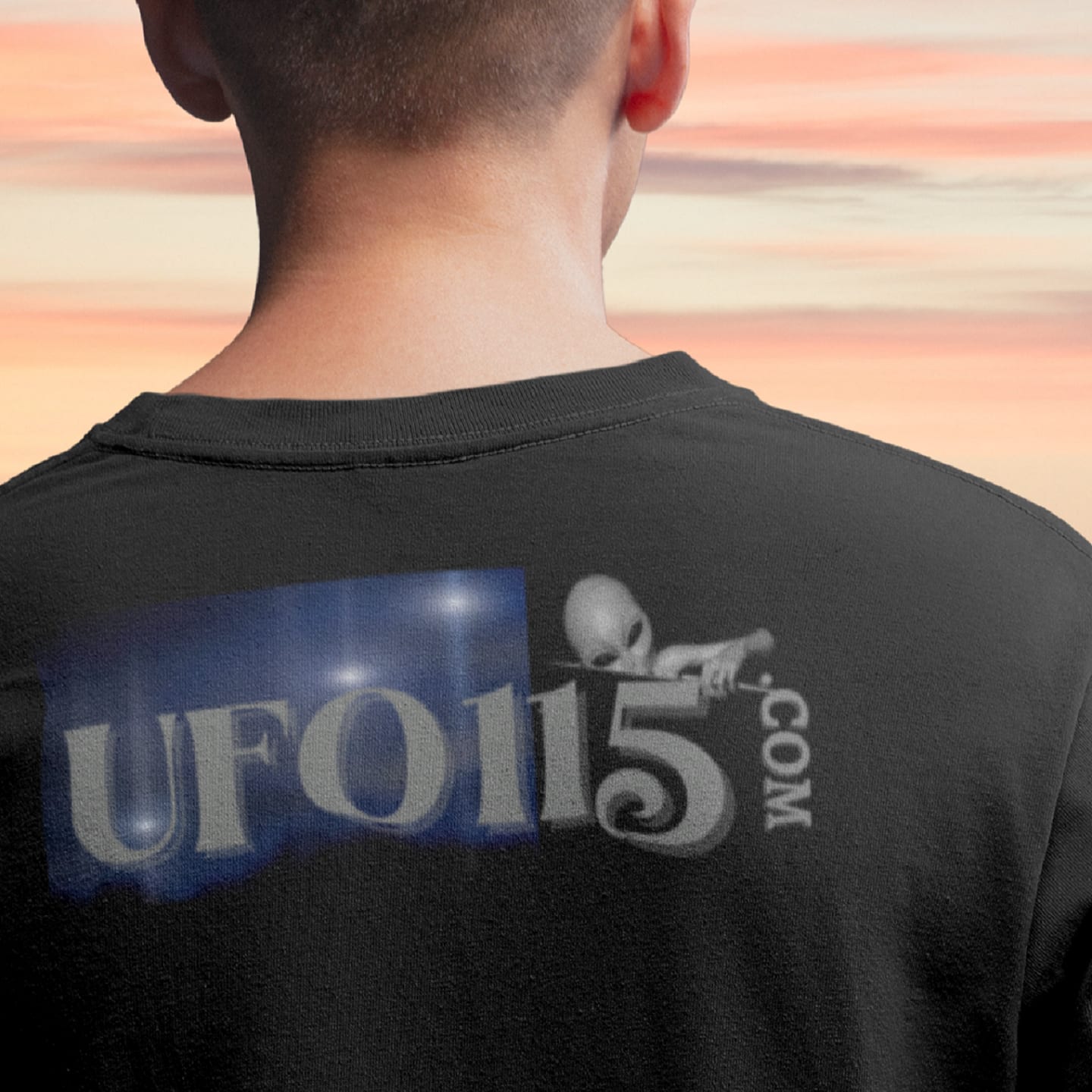 Model wearing the Area 51 Black Triangle black T-shirt (back view, UFO115 back print)