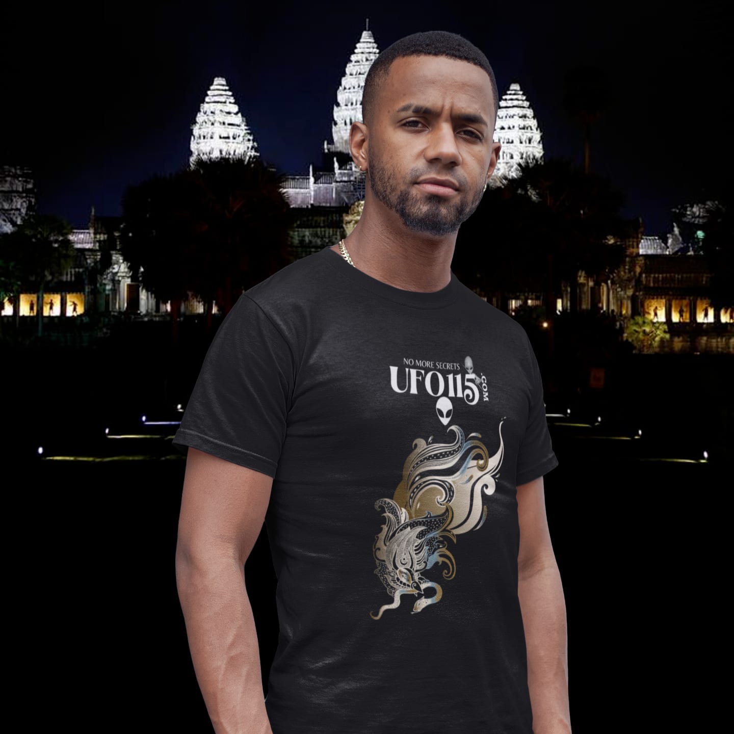 Model wearing the Garuda Bird black T-shirt (front view)