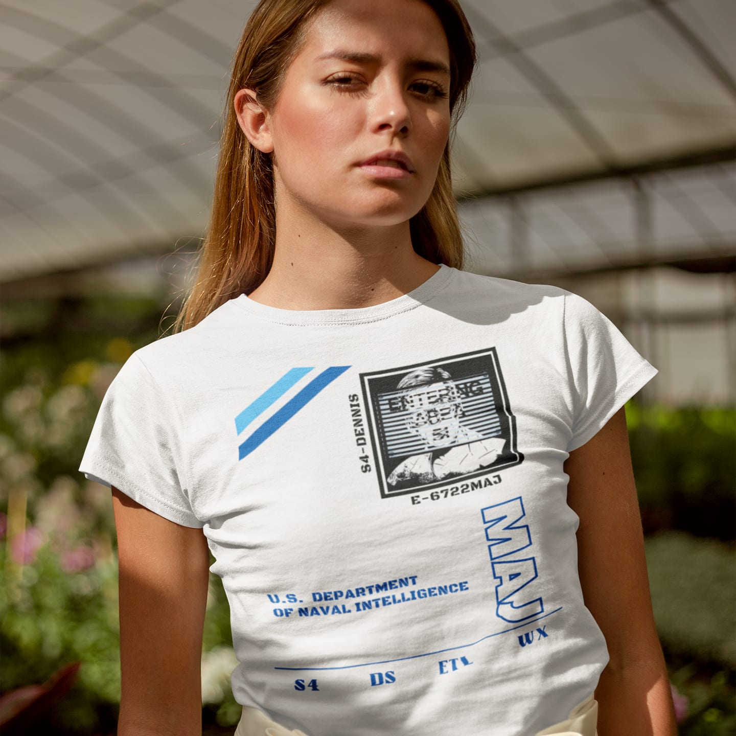 Model wearing the S4 ID My Man Bob white T-shirt (front view)