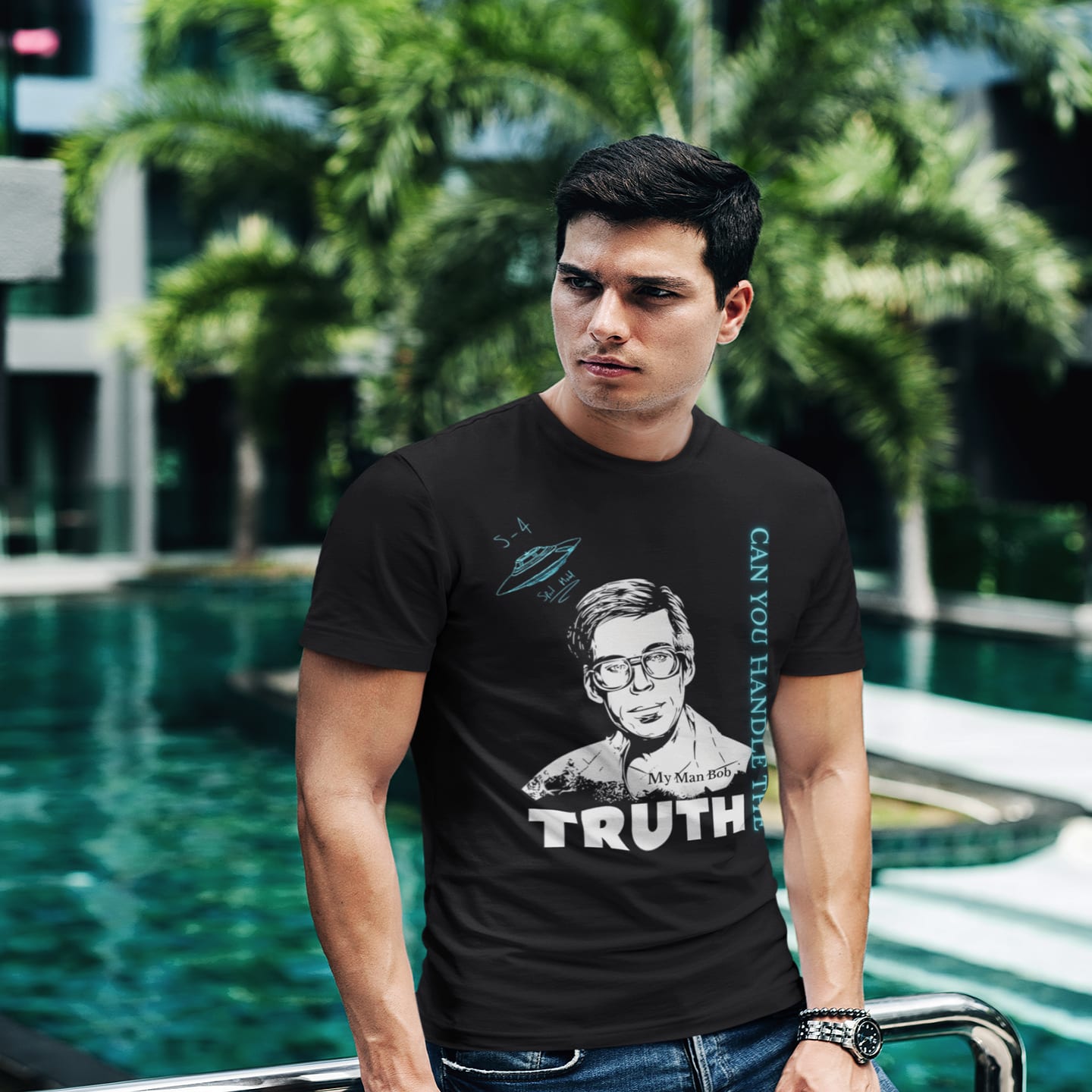 Model wearing the Truth Telling Bob black T-shirt (front view)