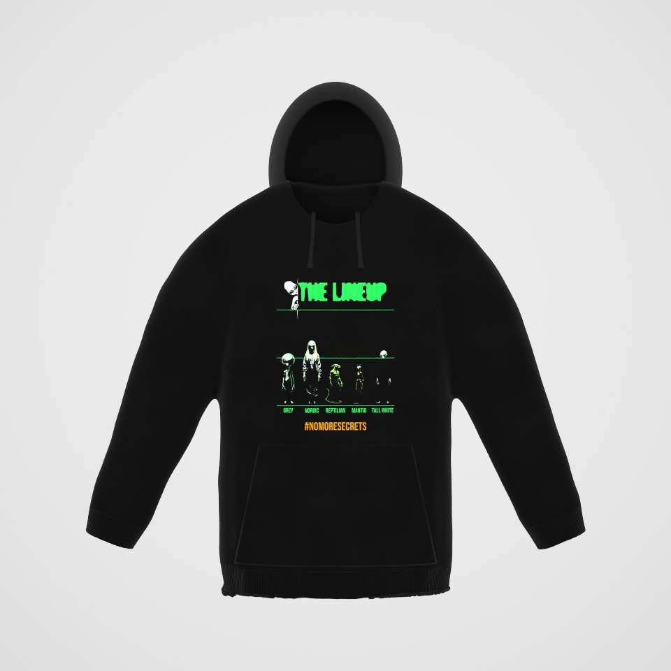 Alien Races Lineup Hoodie, 360° view at 0° (3D render of the real print)