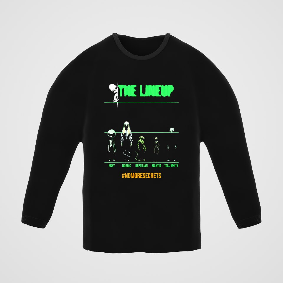 Alien Races Lineup Long Sleeve Tee, 360° view at 0° (3D render of the real print)