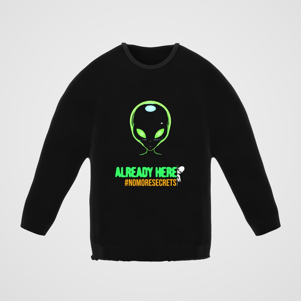 Already Here Neon Grey Crewneck Sweatshirt, 360° view at 0° (3D render of the real print)