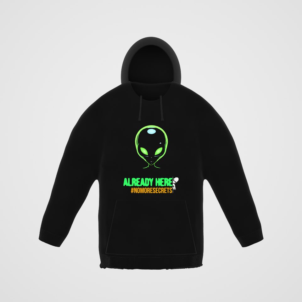 Already Here Neon Grey Hoodie, 360° view at 0° (3D render of the real print)