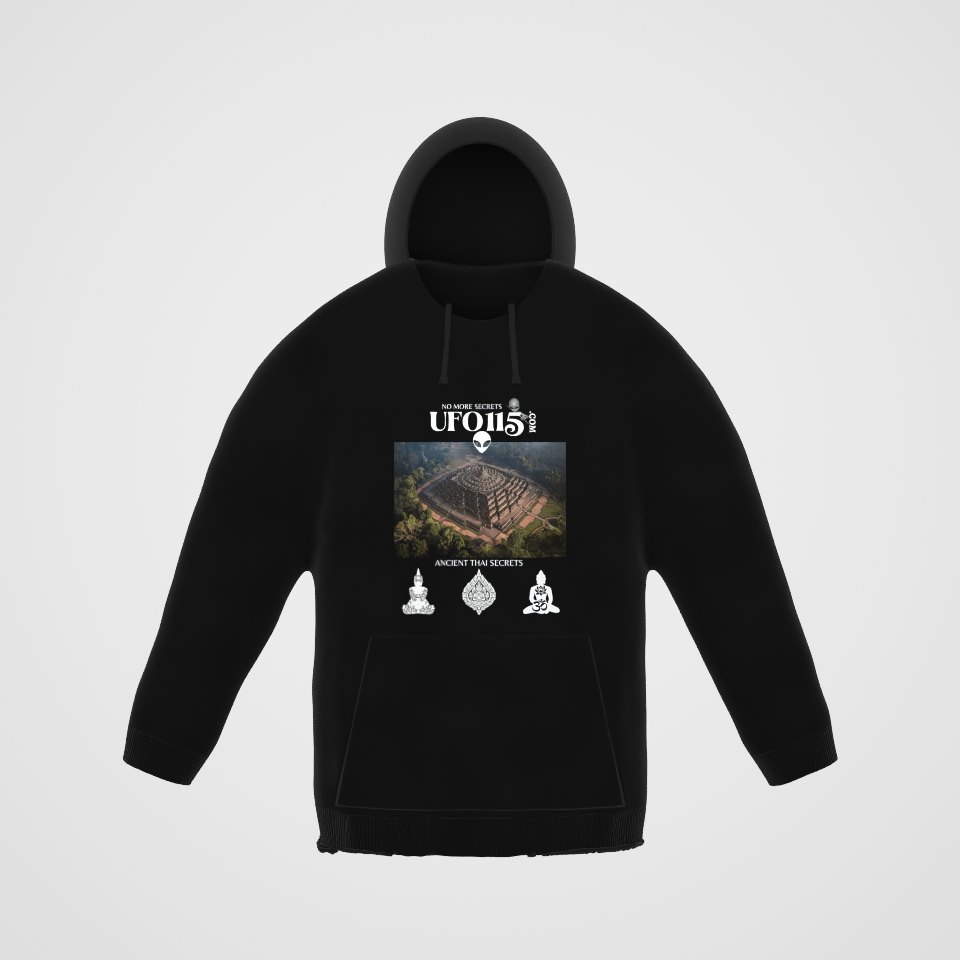 Ancient Thai Secrets Hoodie, 360° view at 0° (3D render of the real print)