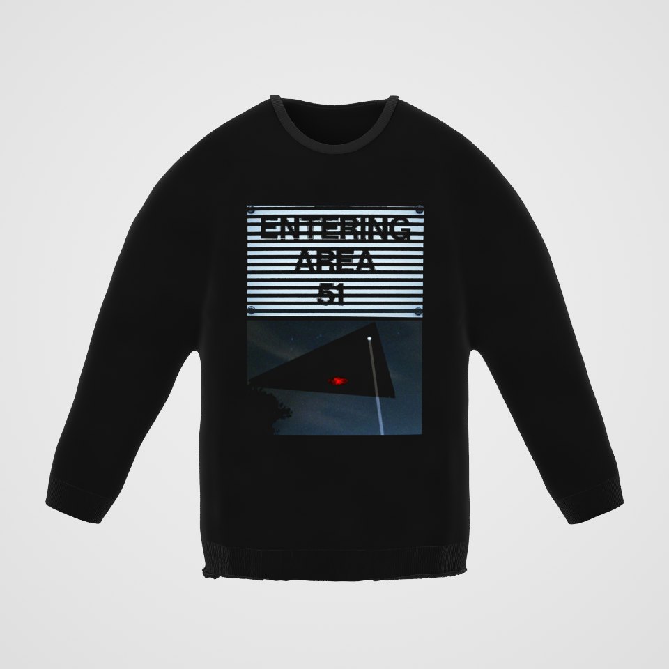 Area 51 Black Triangle Crewneck Sweatshirt, 360° view at 0° (3D render of the real print)