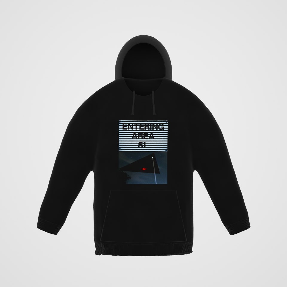 Area 51 Black Triangle Hoodie, 360° view at 0° (3D render of the real print)