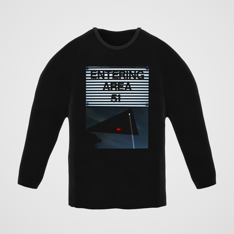Area 51 Black Triangle Long Sleeve Tee, 360° view at 0° (3D render of the real print)