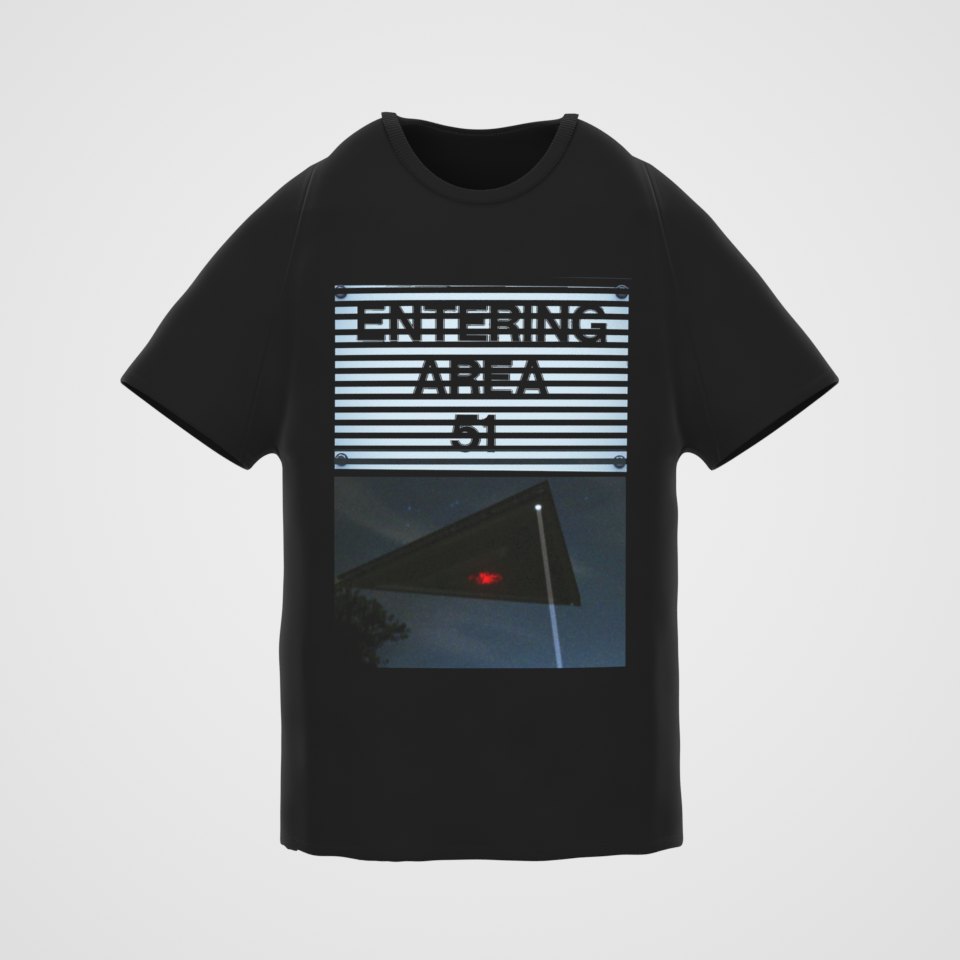 Area 51 Black Triangle Tee, 360° view at 0° (3D render of the real print)