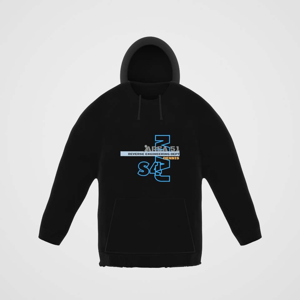 Area 51 Reverse Engineering Dept Hoodie, 360° view at 0° (3D render of the real print)