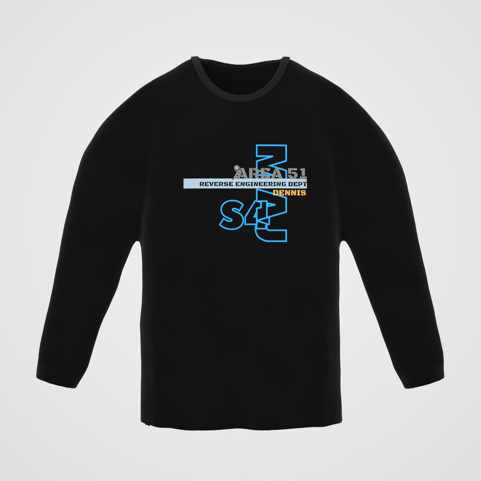 Area 51 Reverse Engineering Dept Long Sleeve Tee, 360° view at 0° (3D render of the real print)