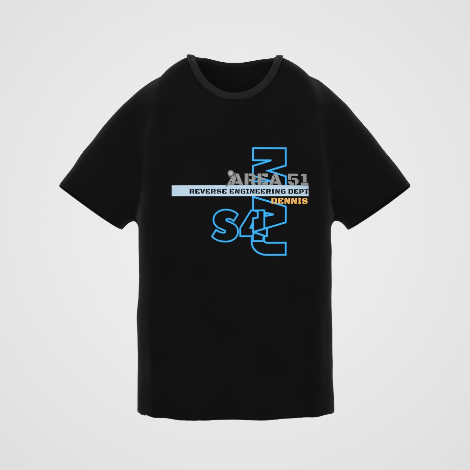 Area 51 Reverse Engineering Dept Tee, 360° view at 0° (3D render of the real print)