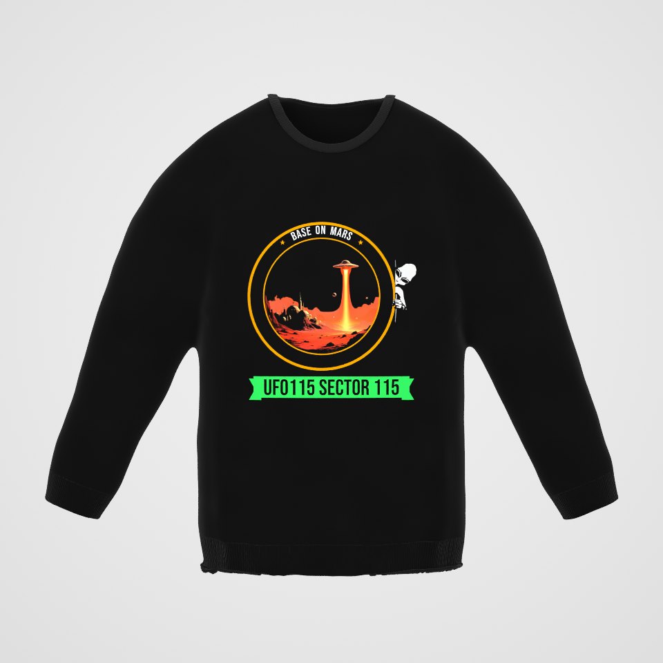 Base on Mars Mission Patch Crewneck Sweatshirt, 360° view at 0° (3D render of the real print)