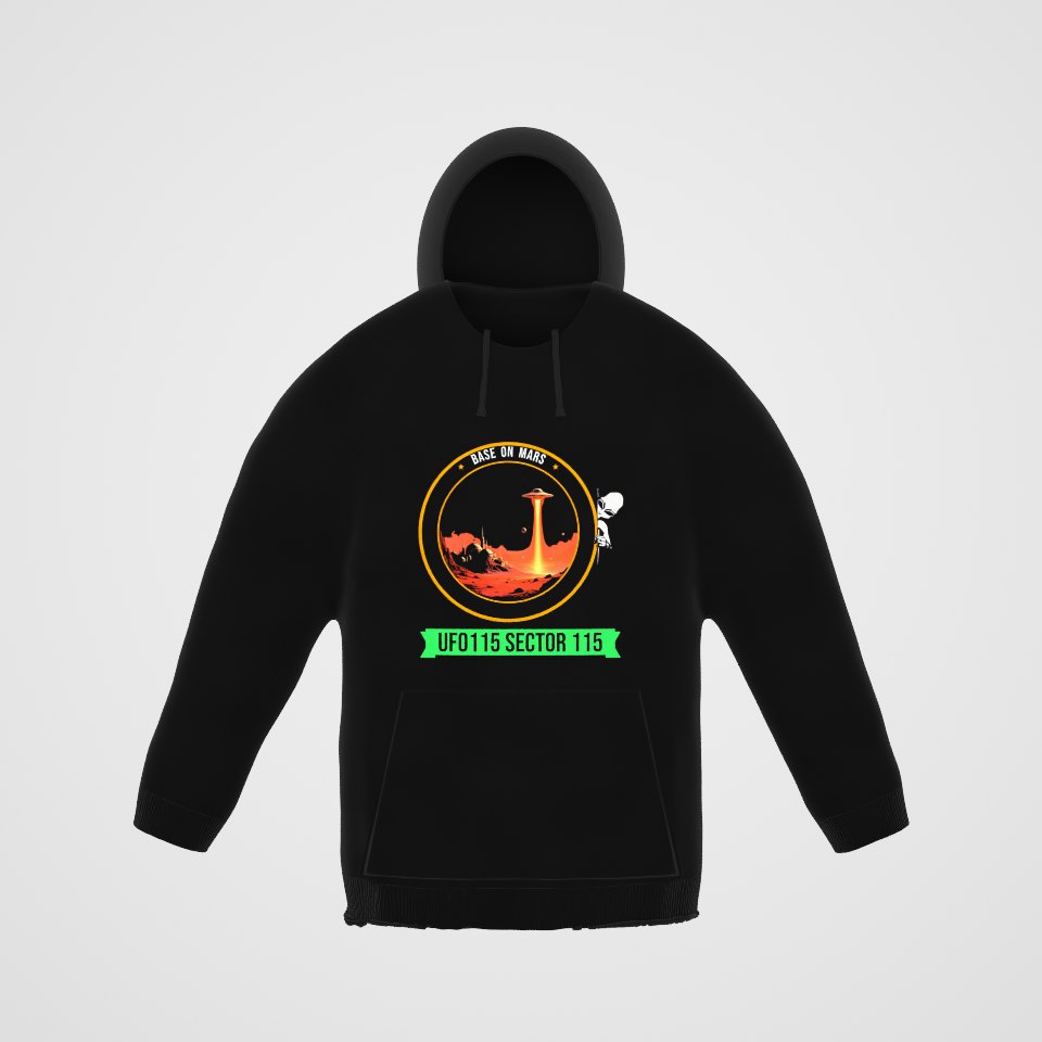 Base on Mars Mission Patch Hoodie, 360° view at 0° (3D render of the real print)
