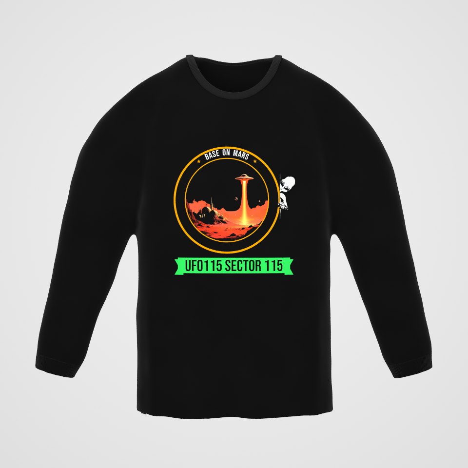 Base on Mars Mission Patch Long Sleeve Tee, 360° view at 0° (3D render of the real print)