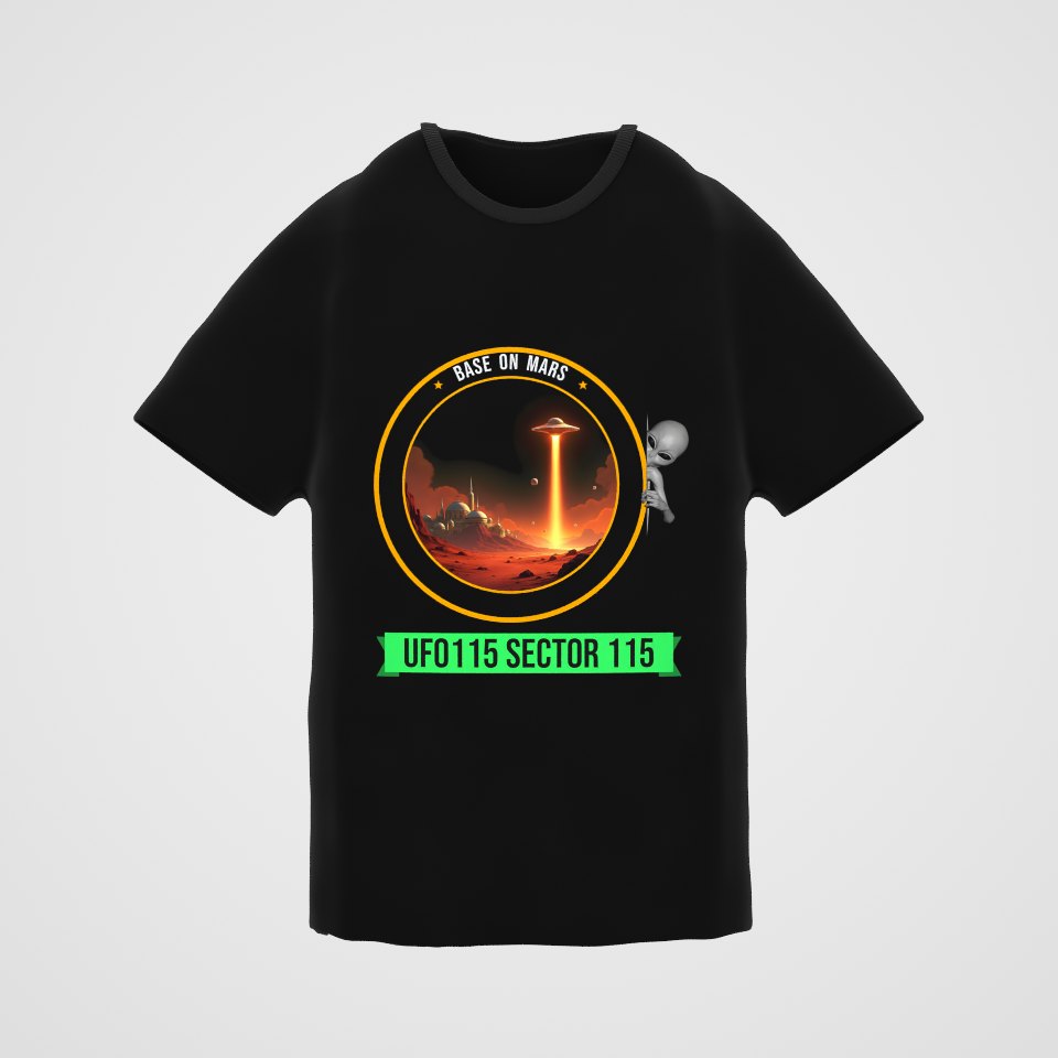 Base on Mars Mission Patch Tee, 360° view at 0° (3D render of the real print)