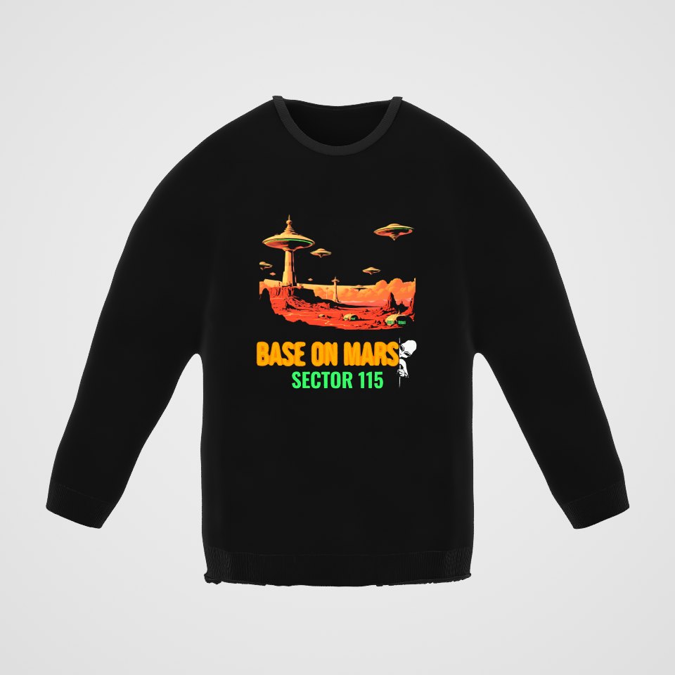 Base on Mars Retro Crewneck Sweatshirt, 360° view at 0° (3D render of the real print)