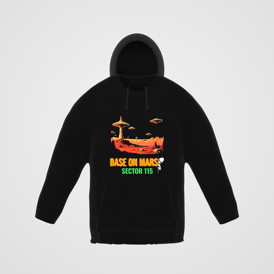 Base on Mars Retro Hoodie, 360° view at 0° (3D render of the real print)