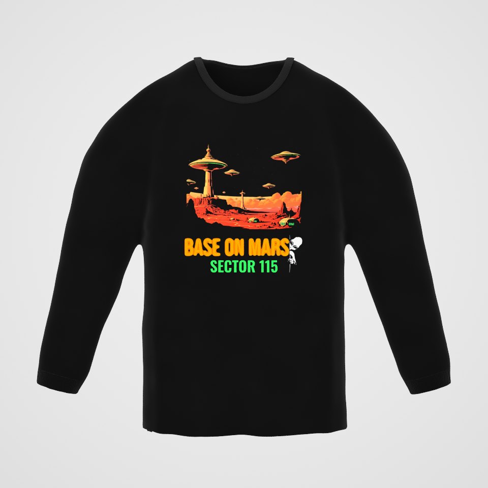 Base on Mars Retro Long Sleeve Tee, 360° view at 0° (3D render of the real print)