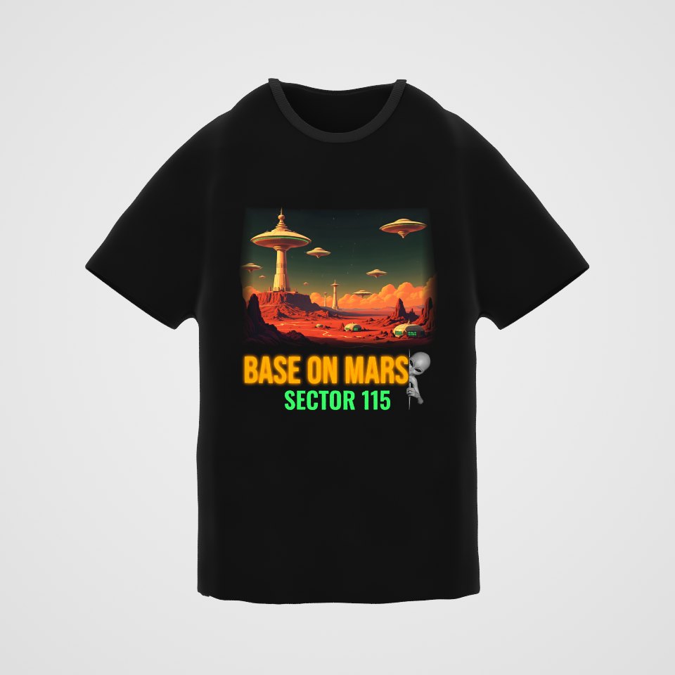 Base on Mars Retro Tee, 360° view at 0° (3D render of the real print)