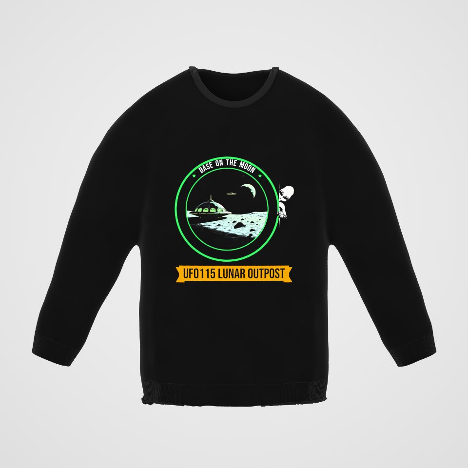 Base on the Moon Mission Patch Crewneck Sweatshirt, 360° view at 0° (3D render of the real print)