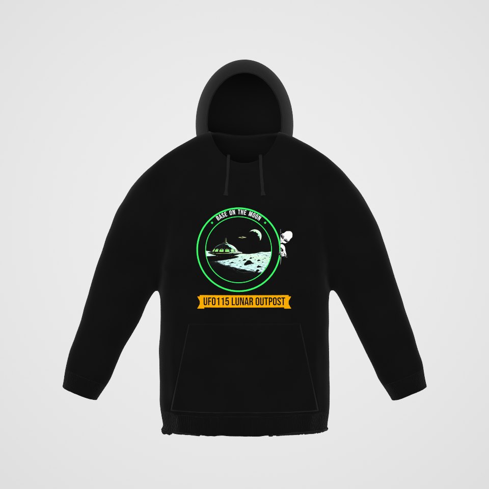 Base on the Moon Mission Patch Hoodie, 360° view at 0° (3D render of the real print)