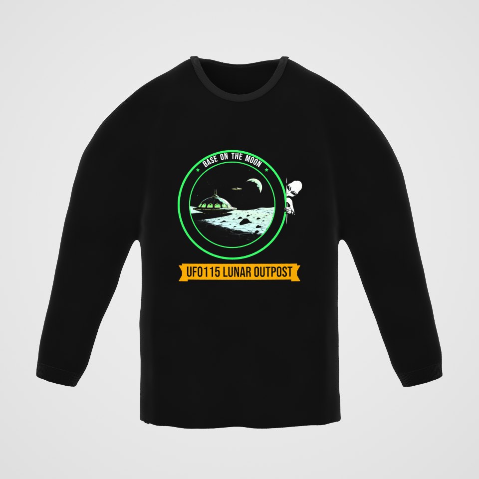 Base on the Moon Mission Patch Long Sleeve Tee, 360° view at 0° (3D render of the real print)