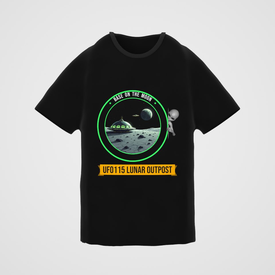Base on the Moon Mission Patch Tee, 360° view at 0° (3D render of the real print)