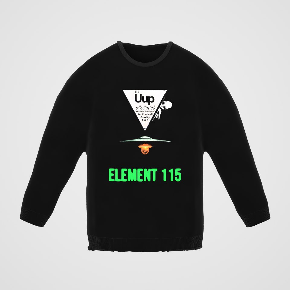 Element 115 Fuel Cell Crewneck Sweatshirt, 360° view at 0° (3D render of the real print)