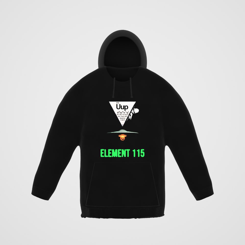 Element 115 Fuel Cell Hoodie, 360° view at 0° (3D render of the real print)