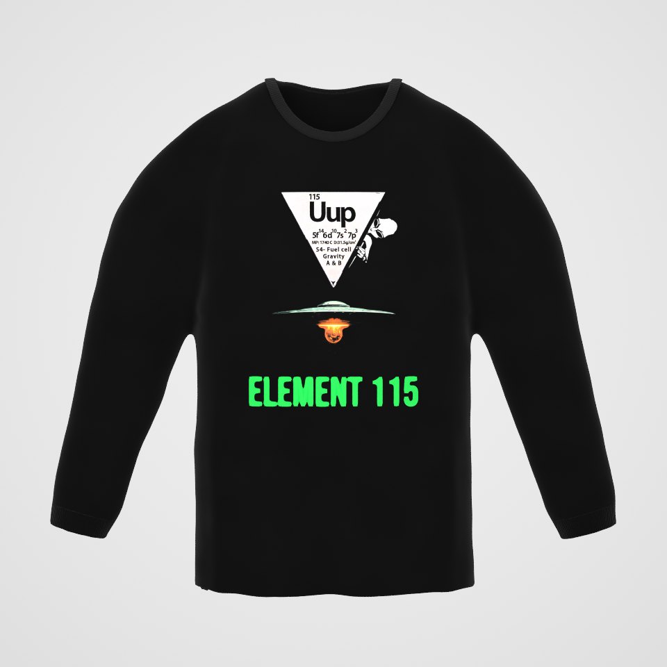 Element 115 Fuel Cell Long Sleeve Tee, 360° view at 0° (3D render of the real print)