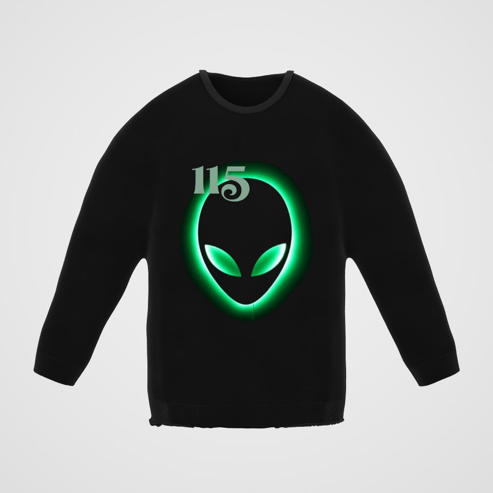 Element 115 Glowing Alien Grey Crewneck Sweatshirt, 360° view at 0° (3D render of the real print)