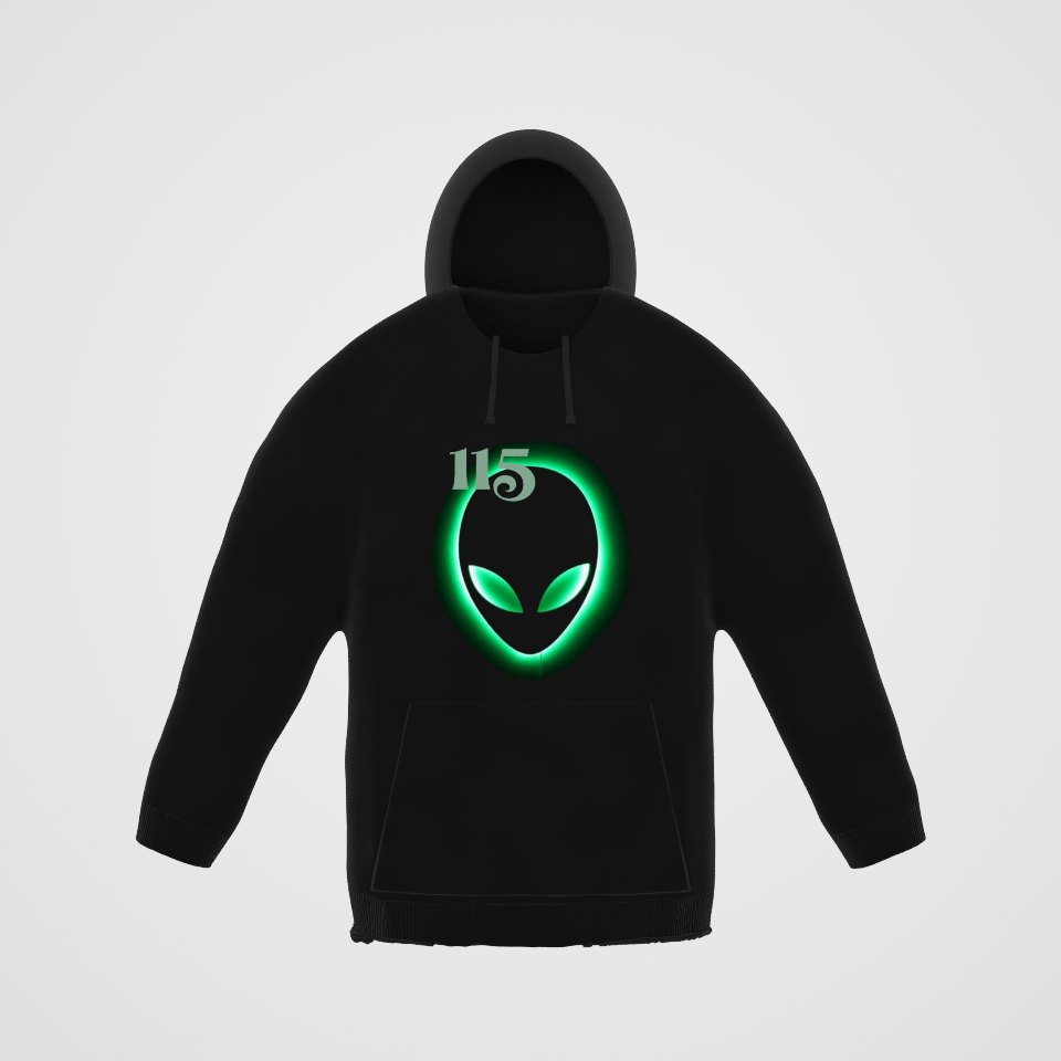 Element 115 Glowing Alien Grey Hoodie, 360° view at 0° (3D render of the real print)