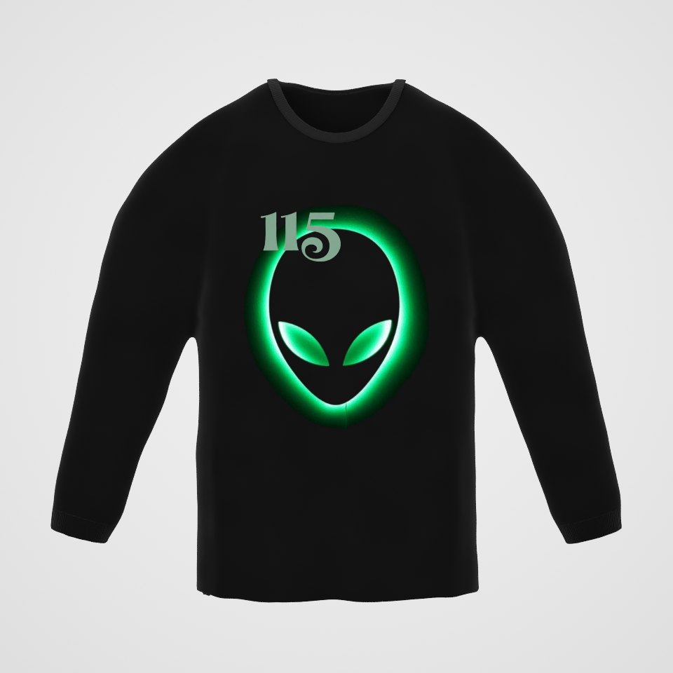 Element 115 Glowing Alien Grey Long Sleeve Tee, 360° view at 0° (3D render of the real print)