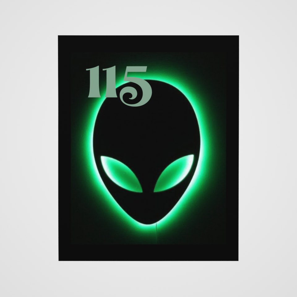 Element 115 Glowing Alien Grey Poster, 360° view at 0° (3D render of the real print)