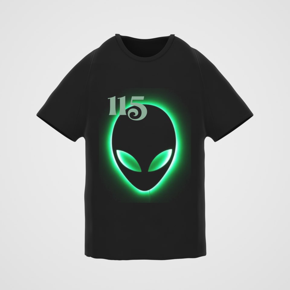 Element 115 Glowing Alien Grey Tee, 360° view at 0° (3D render of the real print)