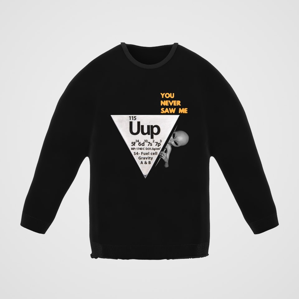 Uup 115 "You Never Saw Me" Crewneck Sweatshirt, 360° view at 0° (3D render of the real print)