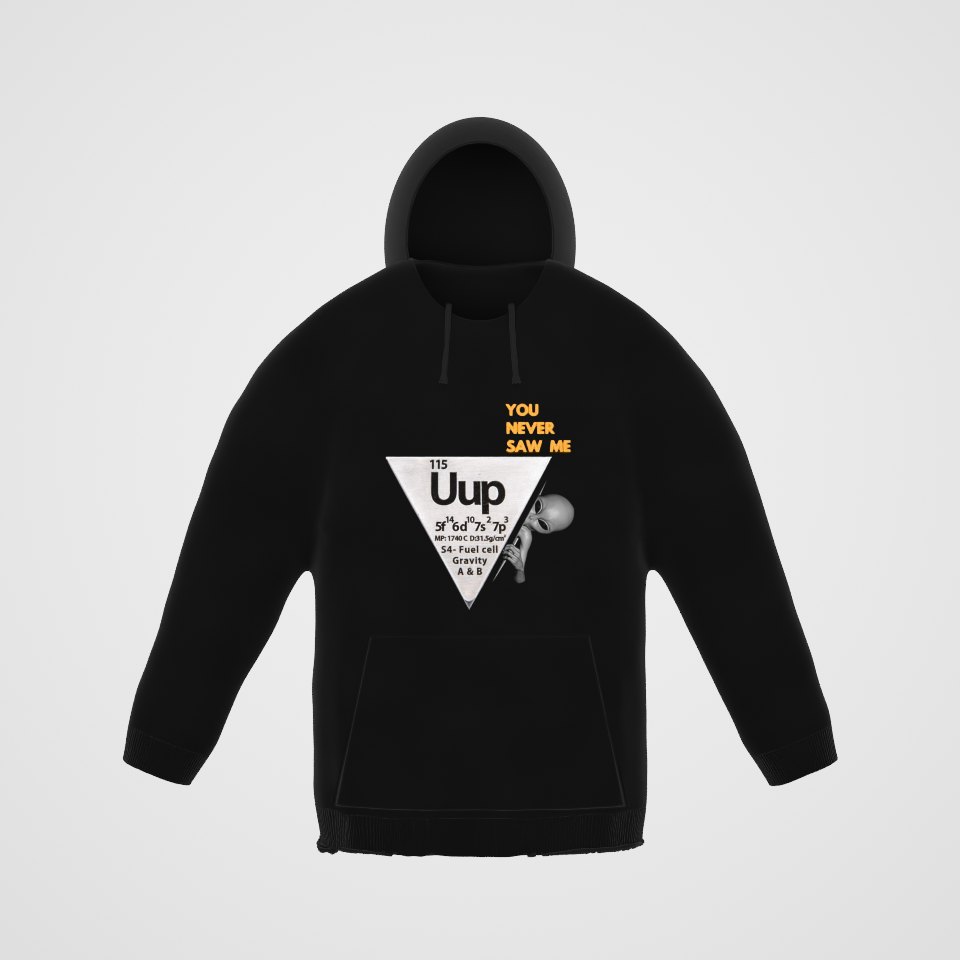Uup 115 "You Never Saw Me" Hoodie, 360° view at 0° (3D render of the real print)