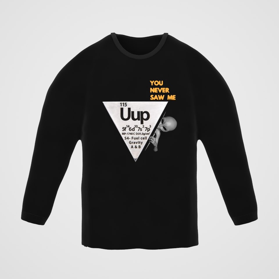 Uup 115 "You Never Saw Me" Long Sleeve Tee, 360° view at 0° (3D render of the real print)