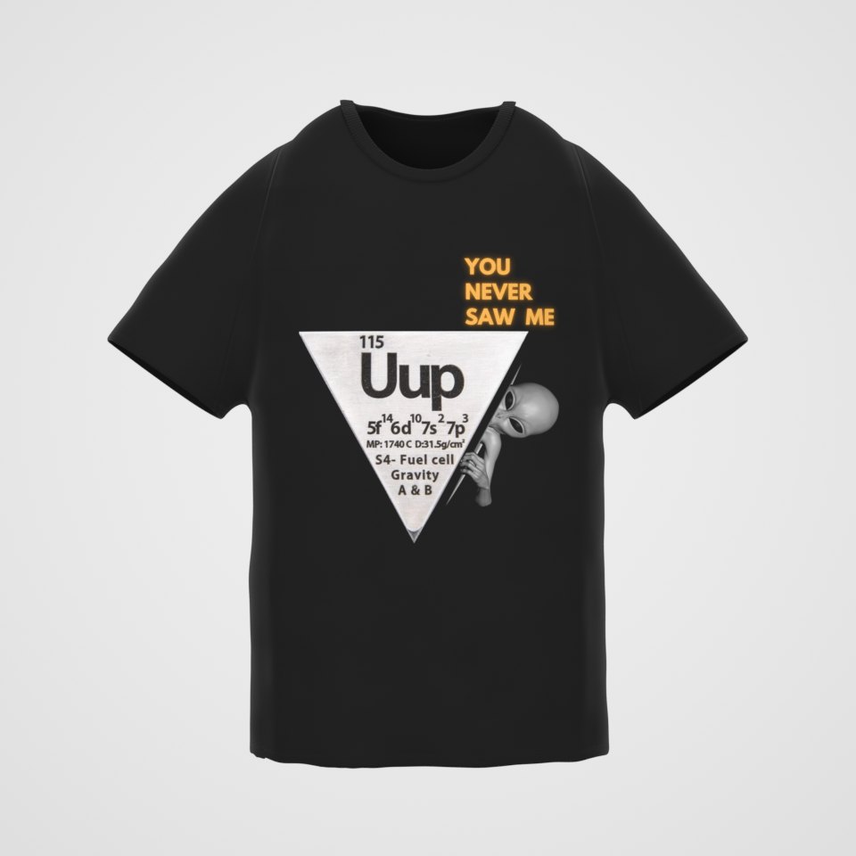 Uup 115 "You Never Saw Me" Tee, 360° view at 0° (3D render of the real print)