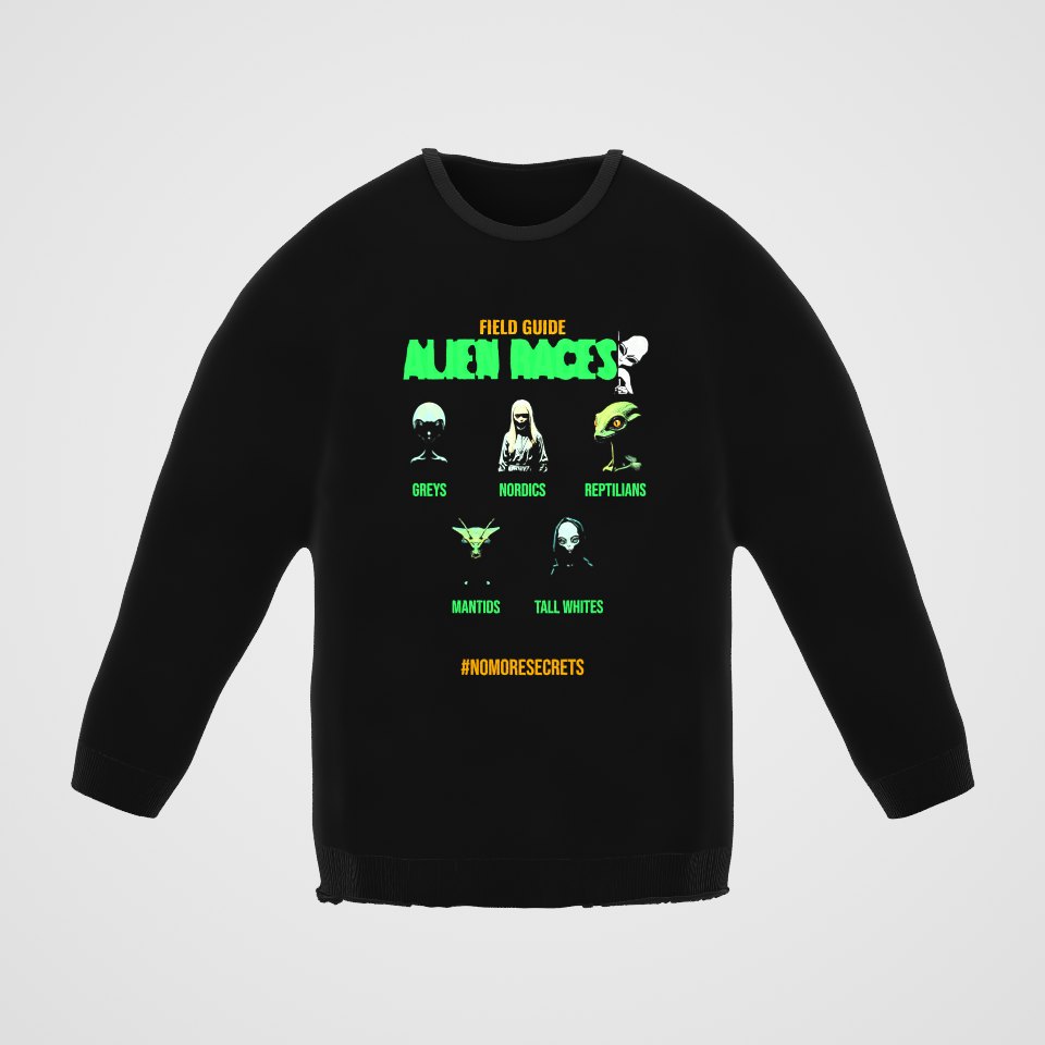 Field Guide to Alien Races Crewneck Sweatshirt, 360° view at 0° (3D render of the real print)