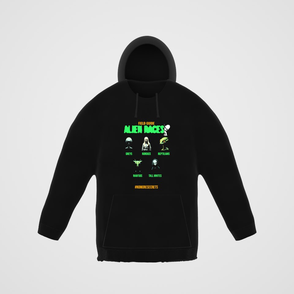 Field Guide to Alien Races Hoodie, 360° view at 0° (3D render of the real print)