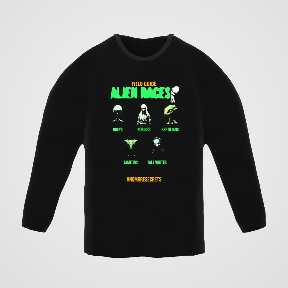 Field Guide to Alien Races Long Sleeve Tee, 360° view at 0° (3D render of the real print)