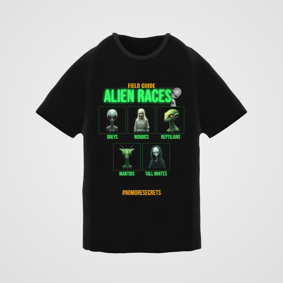Field Guide to Alien Races Tee, 360° view at 0° (3D render of the real print)
