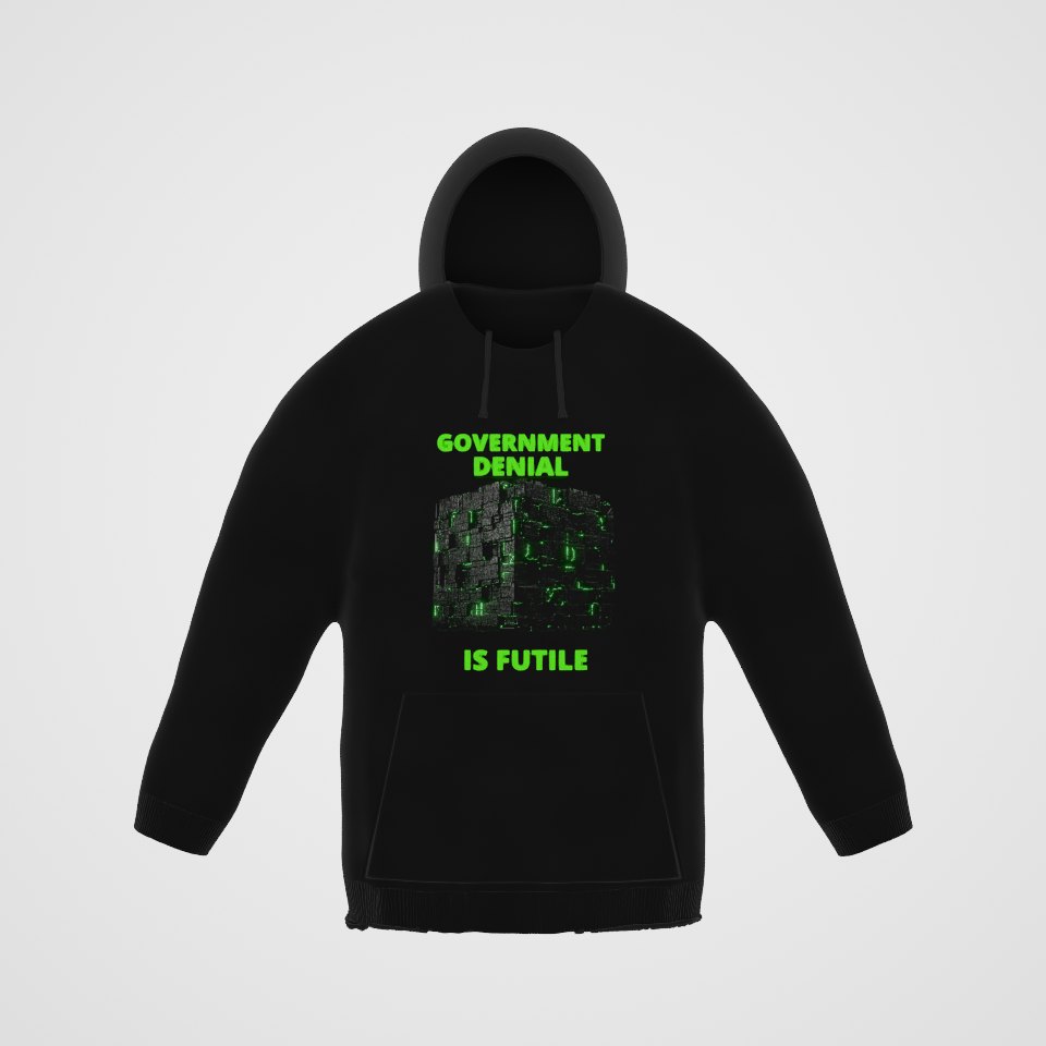 Government Denial Is Futile Hoodie, 360° view at 0° (3D render of the real print)