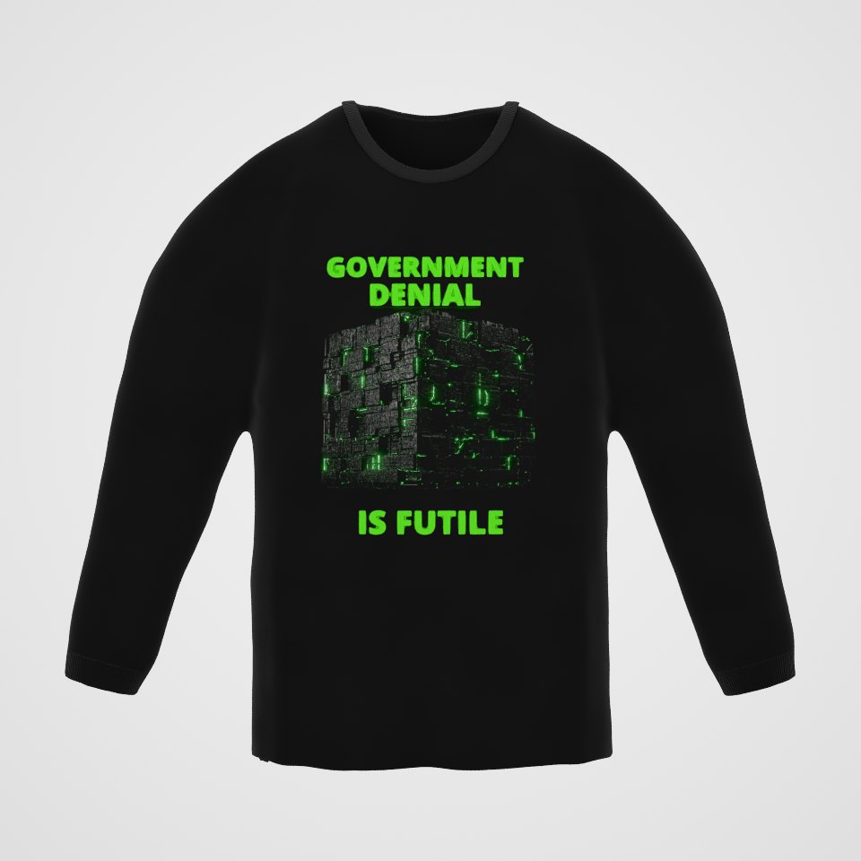 Government Denial Is Futile Long Sleeve Tee, 360° view at 0° (3D render of the real print)